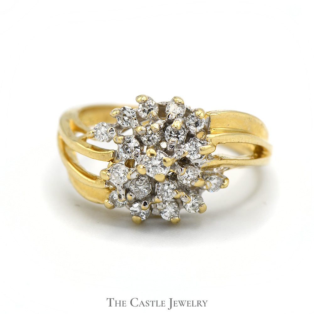 Flower Shaped 1/2cttw Diamond Cluster Ring in 14k Yellow Gold Open Swirled Setting