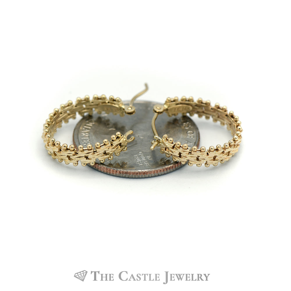 Bead Edge Fancy Design Open Style Hoops in 14KT Yellow Gold