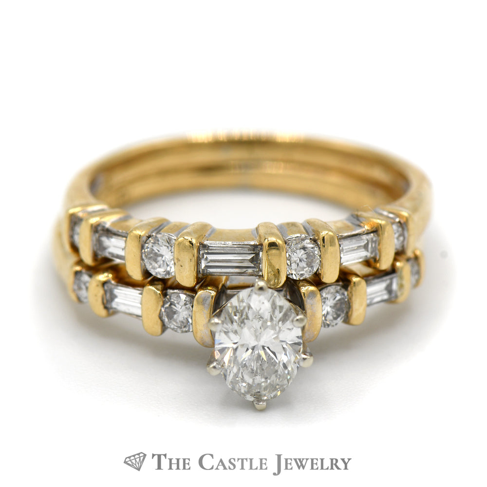 Oval Cut Diamond Bridal Set with Baguette Accents and Matching Band in 14k Yellow Gold