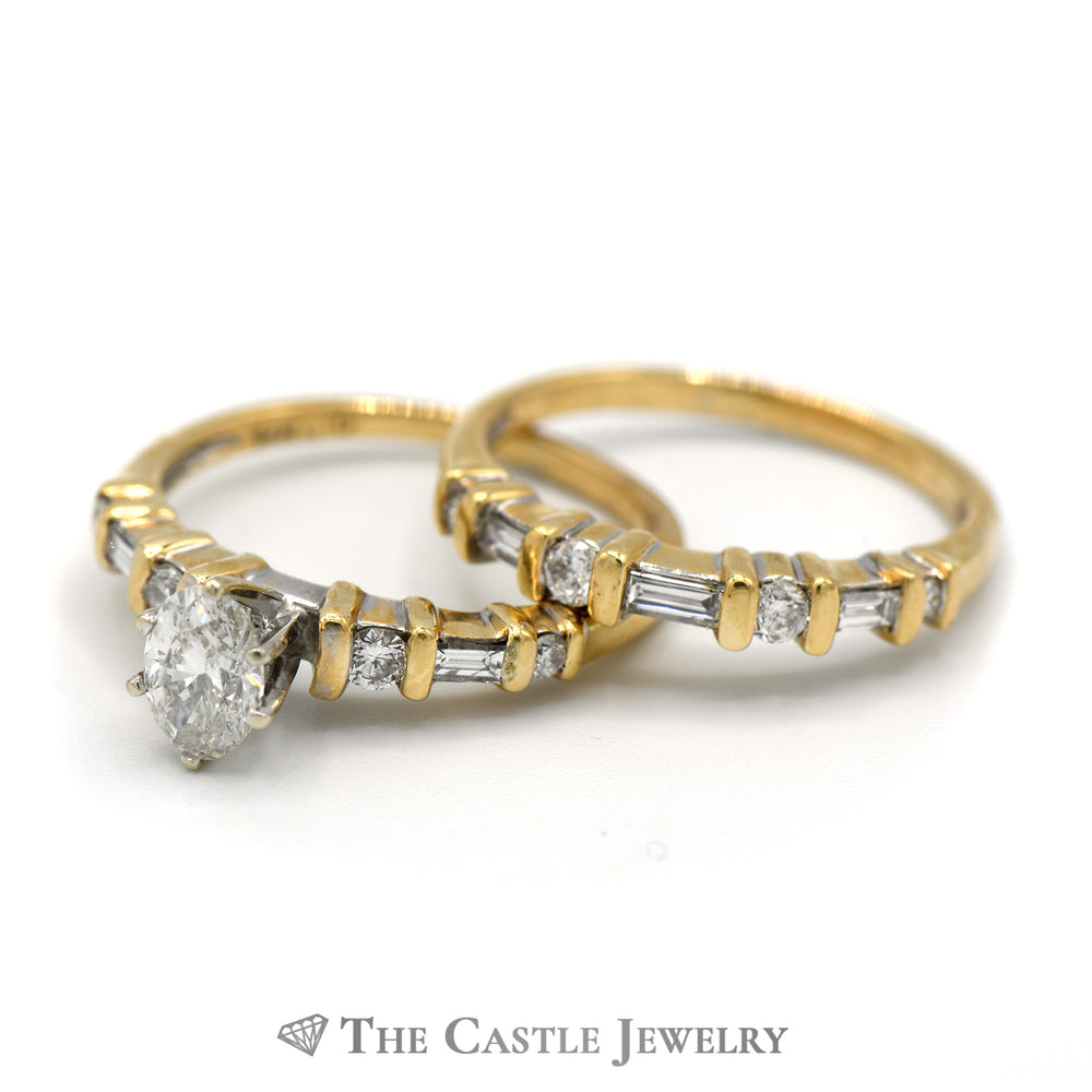 Oval Cut Diamond Bridal Set with Baguette Accents and Matching Band in 14k Yellow Gold
