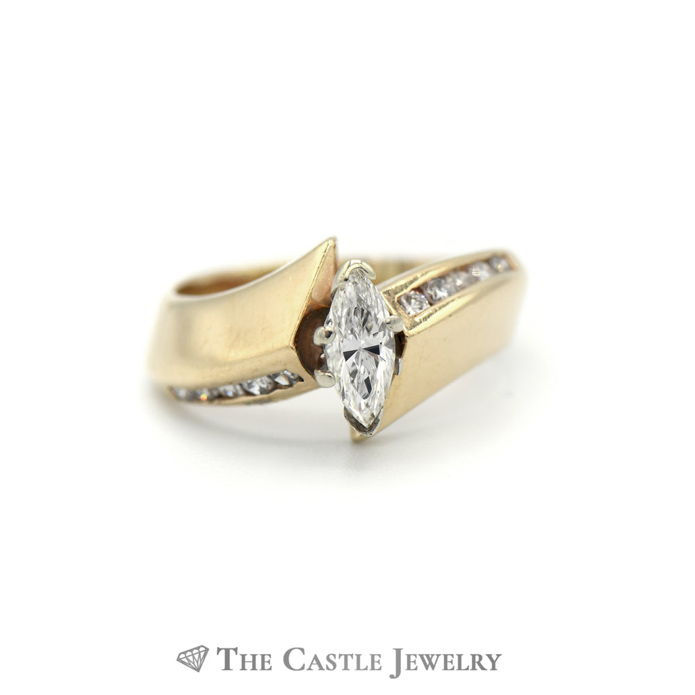 Marquise Cut Diamond Solitaire with Diamond Accents in 14KT Yellow Gold