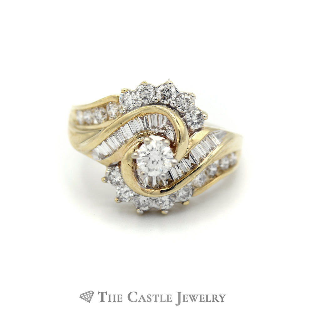 1.5cttw Round Cut Diamond Engagement Ring with Diamond Swirl Design Accent