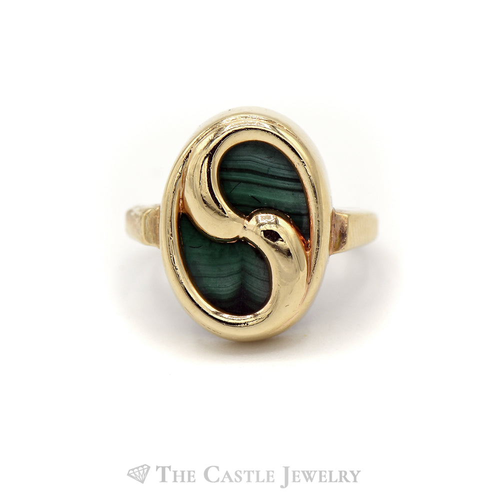 Oval Green Jasper Ring with Swirl Gold Overlay in 14KT Yellow Gold