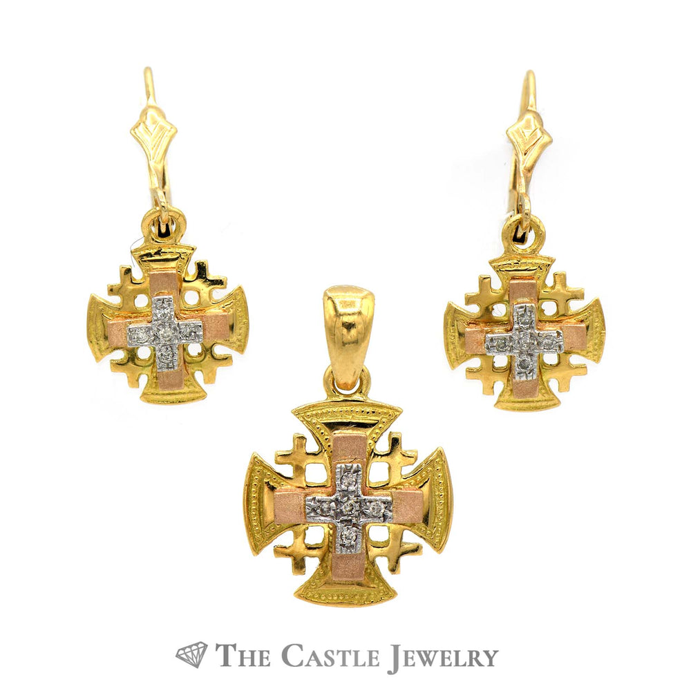 Medieval Style Cross Crest Earrings and Pendant Combo in 18K Gold