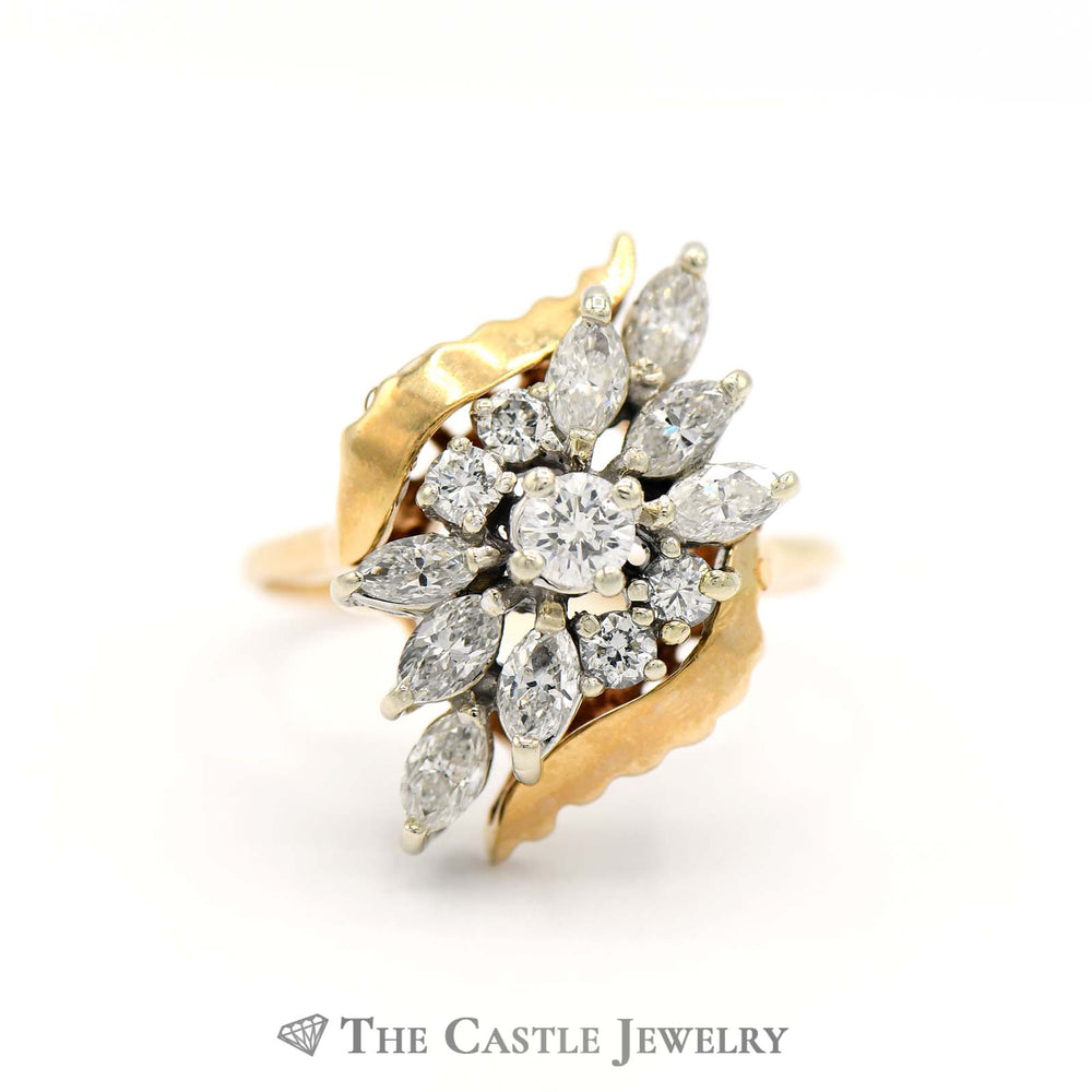 1cttw Marquise Shaped Diamond Cluster Ring in 10k Yellow Gold