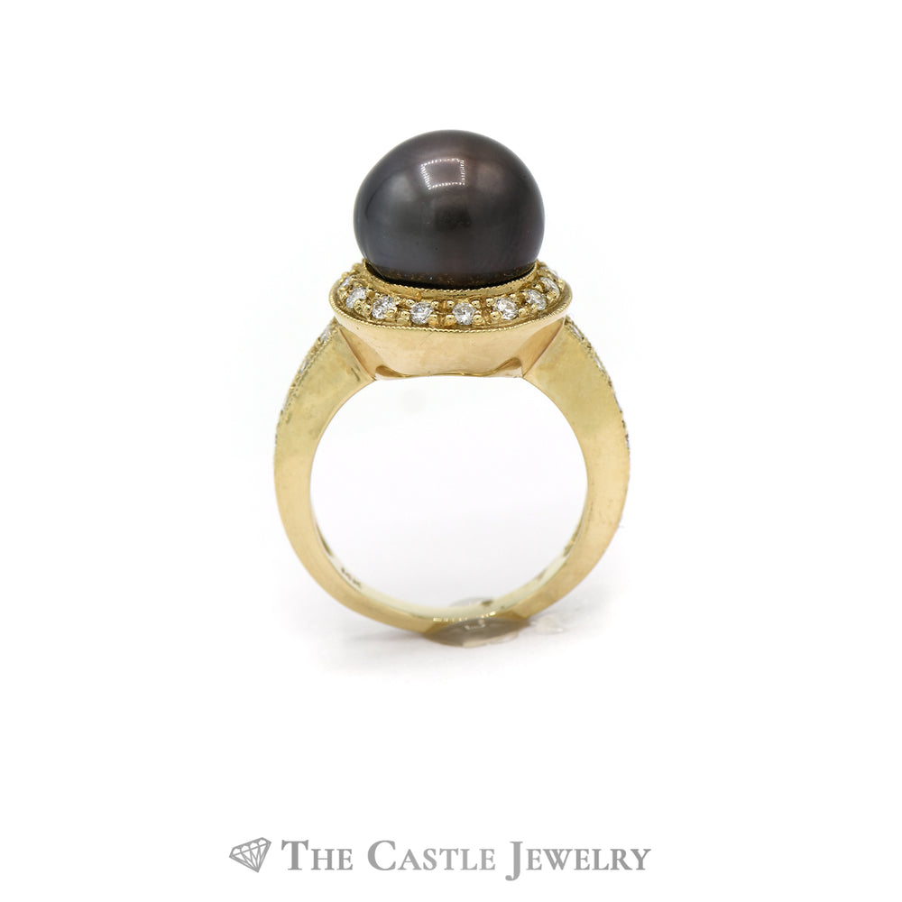 12mm Black Pearl Ring with Diamond Halo and Shank in 14KT Yellow Gold