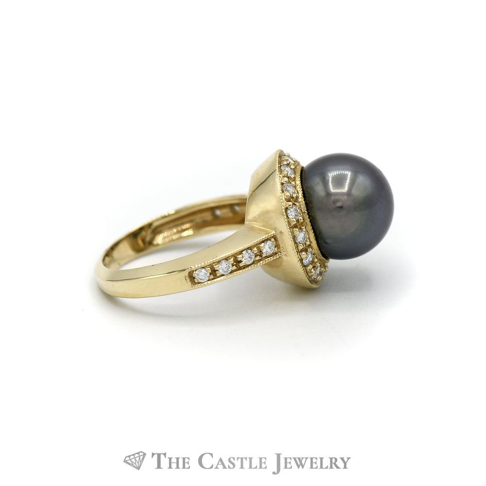 12mm Black Pearl Ring with Diamond Halo and Shank in 14KT Yellow Gold