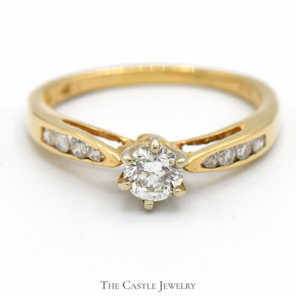 1/2cttw Round Diamond Solitaire Engagement Ring with Channel Set Diamond Accents in 14k Yellow Gold