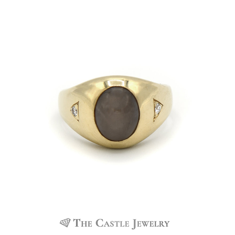 Oval Cabochon Gray Lindy Star Sapphire and Diamond Ring in 14KT Yellow Gold