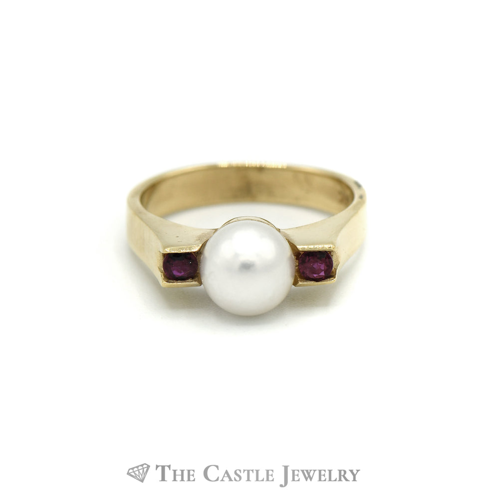 Pearl Ring with Ruby Accents in 14KT Yellow Gold