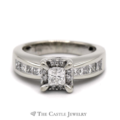 1cttw Princess Cut Diamond Engagement with Round Diamond Halo & Side Accents in 14k White Gold