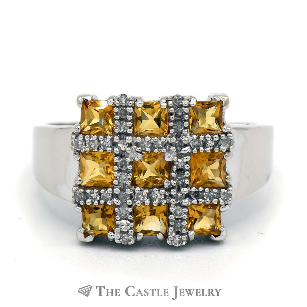 Square Shaped Grid Design Citrine and Diamond Cluster Ring in 10K White Gold
