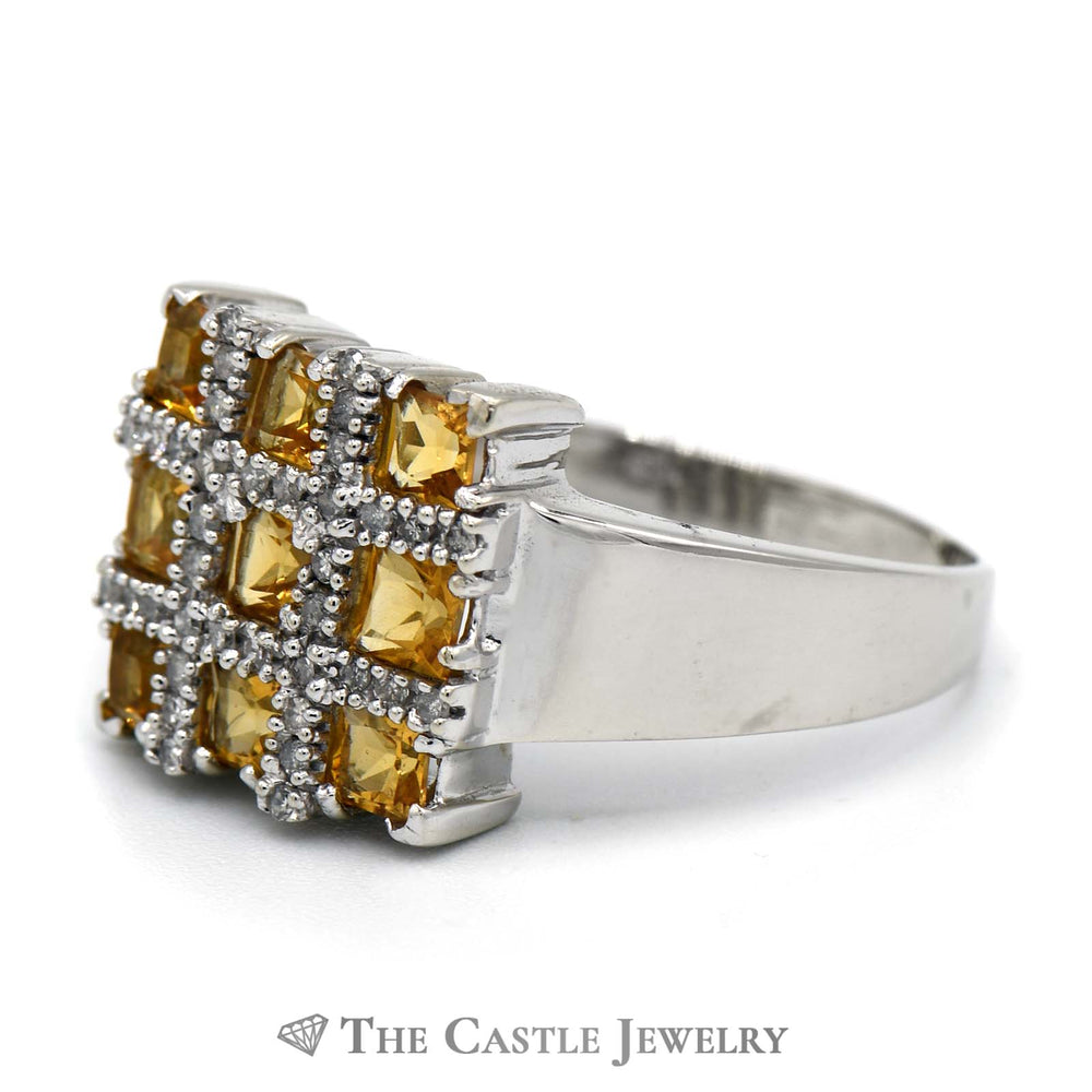 Square Shaped Grid Design Citrine and Diamond Cluster Ring in 10K White Gold