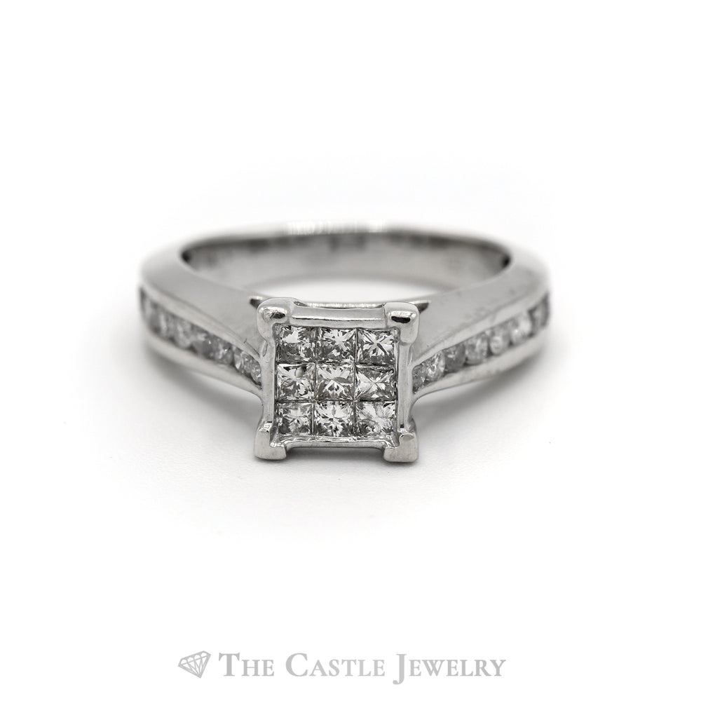 1cttw Invisible Set Diamond Engagement Ring with Channel Set Diamond Accents in 10k White Gold
