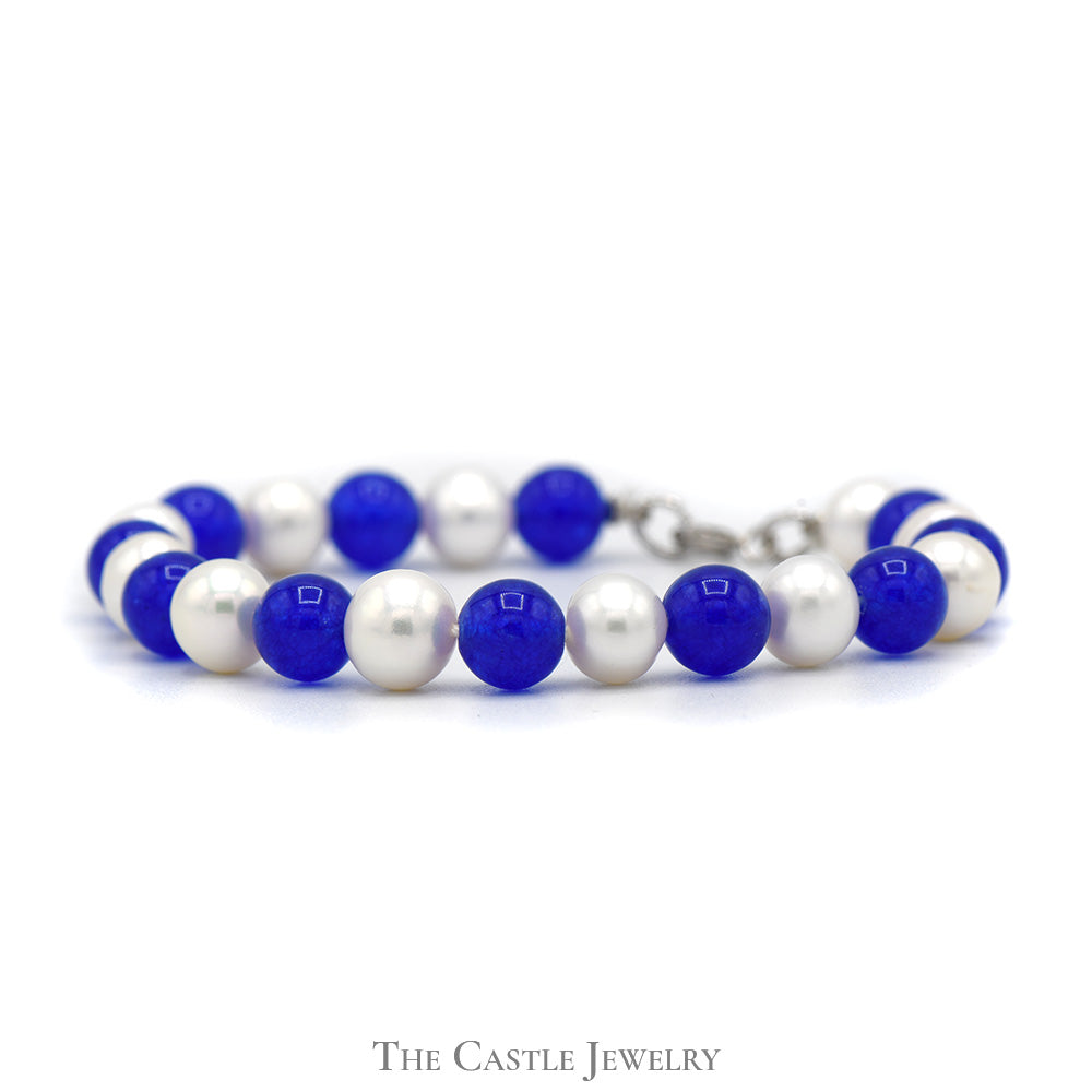 7(1/2) Inch 8mm Blue Agate and Pearl Bracelet in Sterling Silver