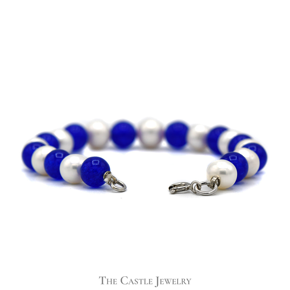 7(1/2) Inch 8mm Blue Agate and Pearl Bracelet in Sterling Silver