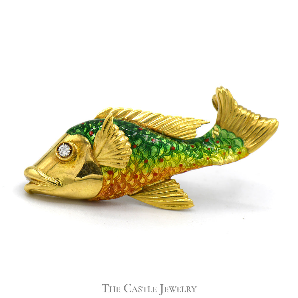 Colorful Green Enamel Fish Brooch Pin with Diamond Accent in 18k Yellow Gold