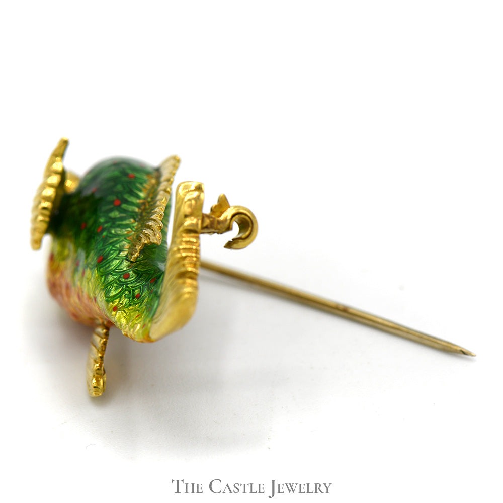 Colorful Green Enamel Fish Brooch Pin with Diamond Accent in 18k Yellow Gold
