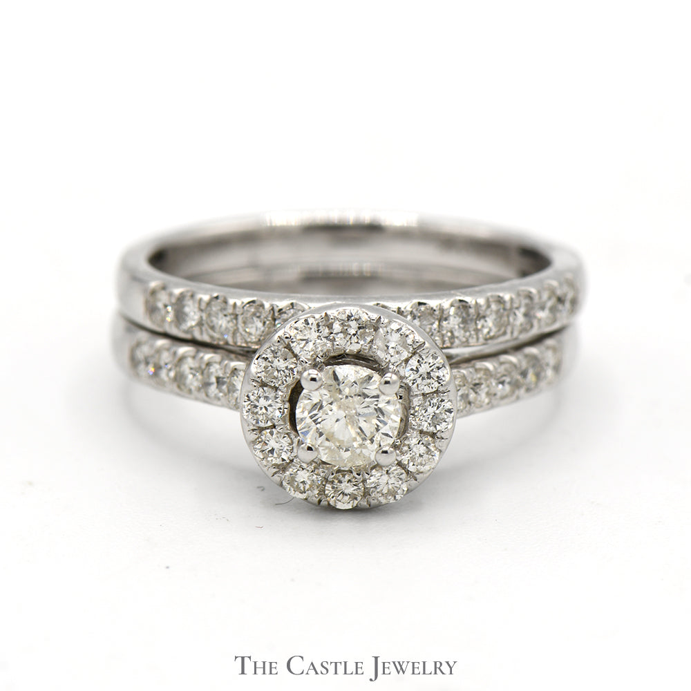 1cttw Round Diamond Bridal Set with Diamond Halo and Matching Band in 14k White Gold
