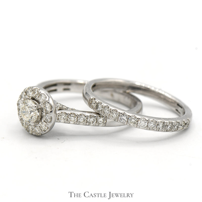 1cttw Round Diamond Bridal Set with Diamond Halo and Matching Band in 14k White Gold
