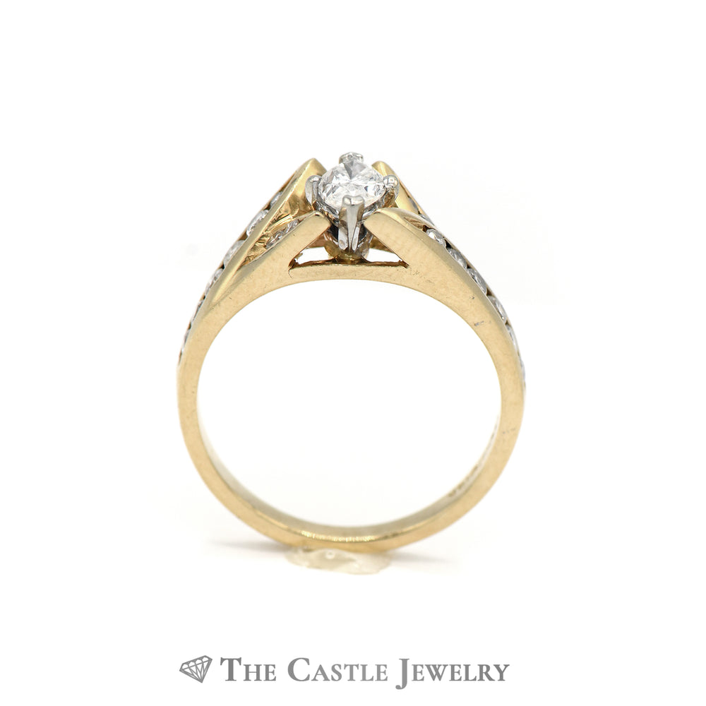 Oval Diamond Ring with Split Diamond Accent Sides in 14K Yellow Gold