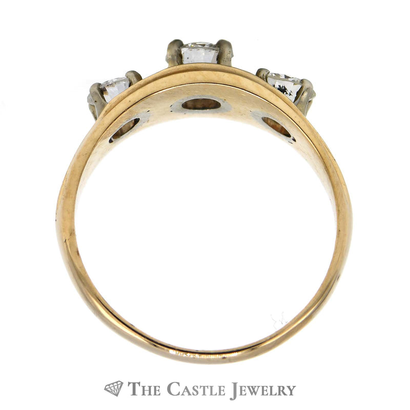 Concave Style 1cttw Three Diamond Ring with Ridged Edges Crafted 14K Yellow Gold