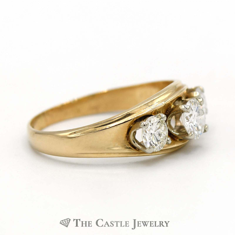 Concave Style 1cttw Three Diamond Ring with Ridged Edges Crafted 14K Yellow Gold
