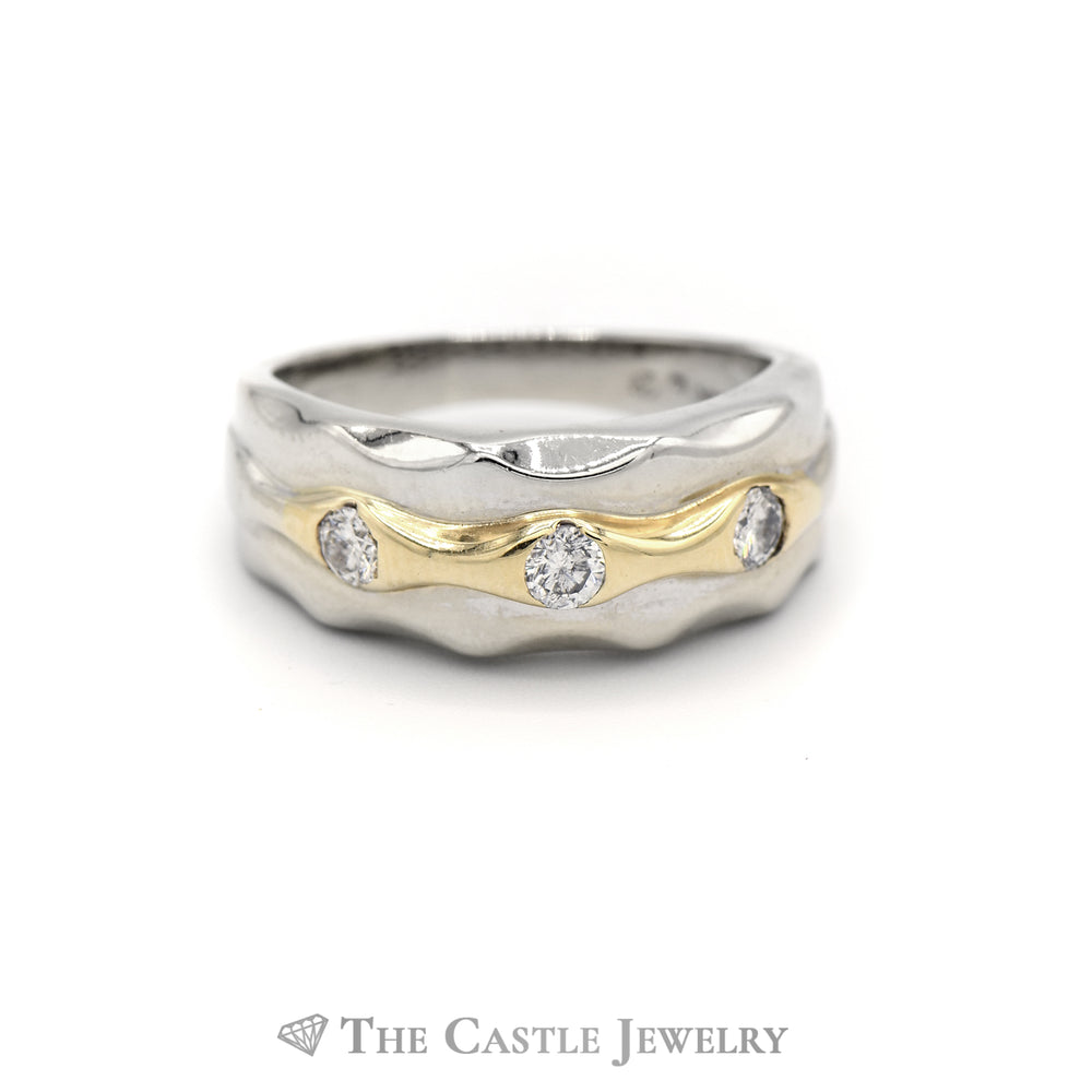 Two Toned Diamond Ring with Waved Designed Mounting in 14KT White and Yellow Gold