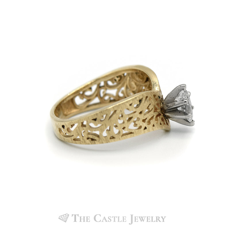 Marquise Cut Diamond Solitaire "V" Shaped Filigree Designed Engagement Ring