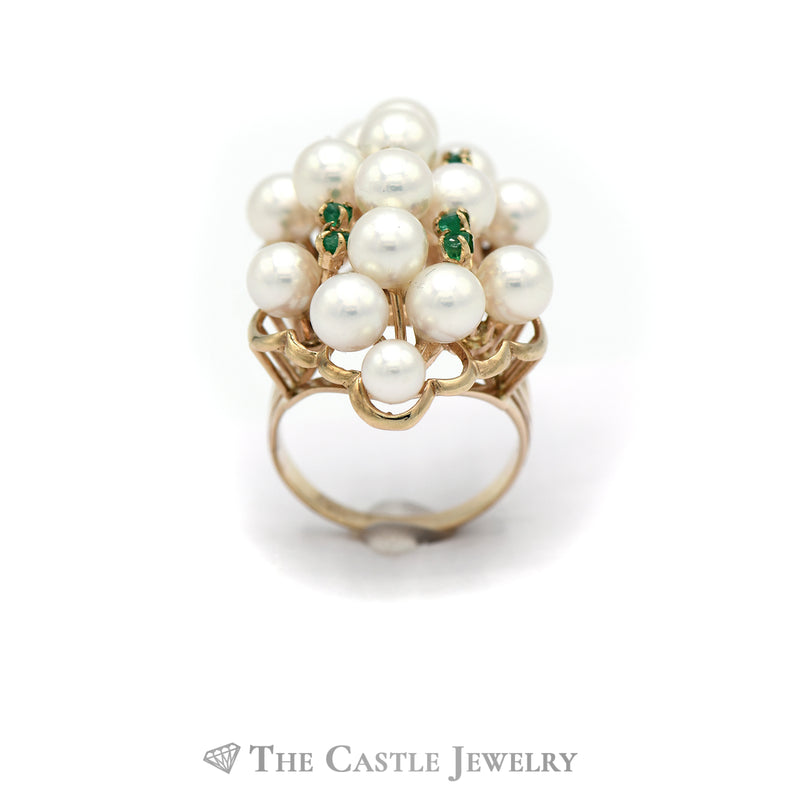 Fancy Pearl Cluster Ring with Emerald Accents in 14KT Yellow Gold