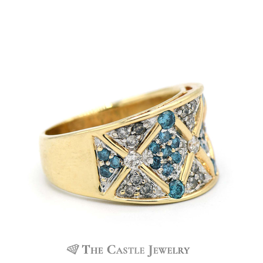 Concaved 1.25cttw Blue and White Diamond Cluster Ring in 14k Yellow Gold