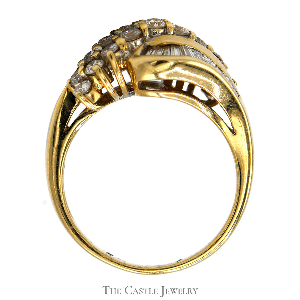 Bypass Designed 1cttw Round and Baguette Diamond Cluster Ring in 14k Yellow Gold