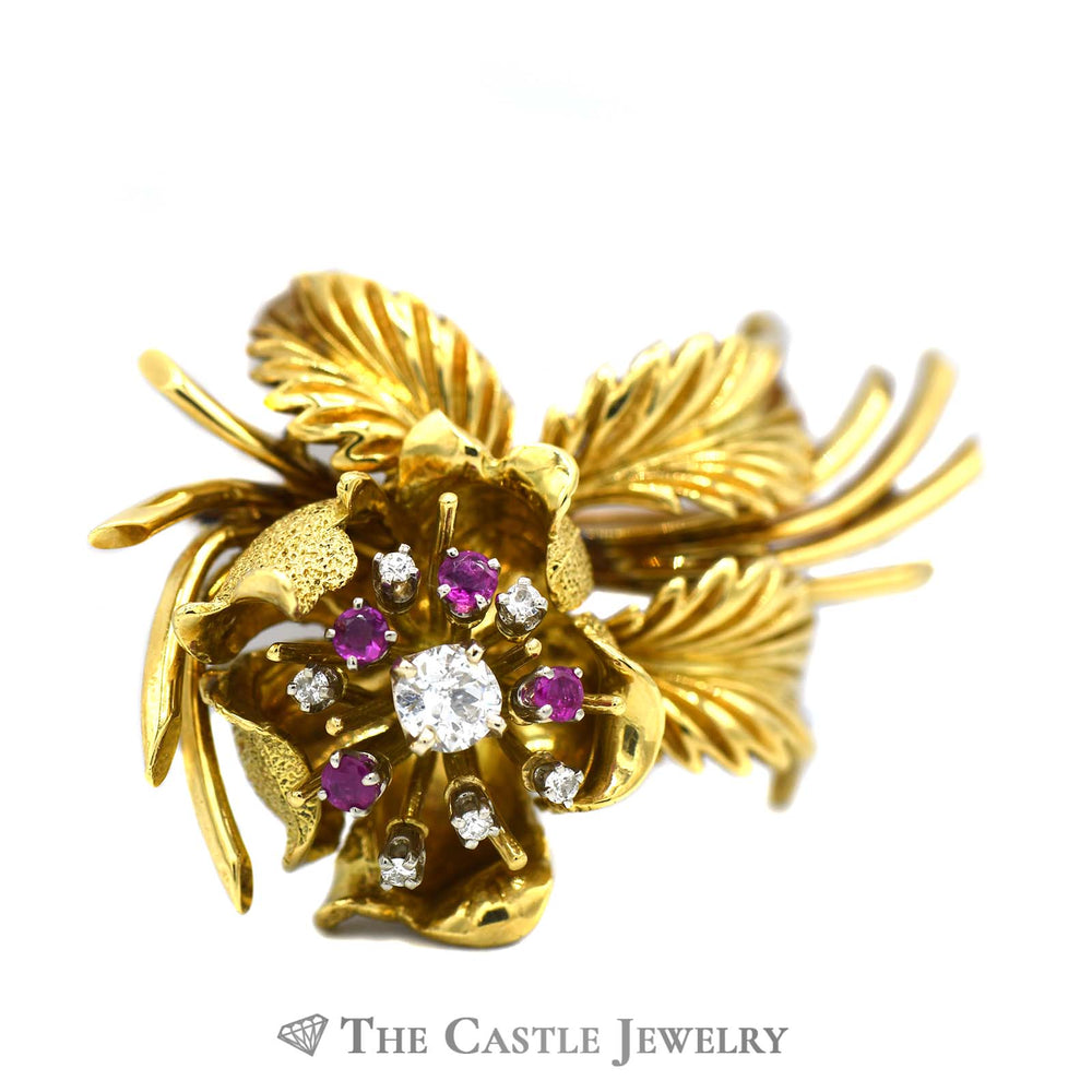 Diamond & Ruby Flower and Leaves Brooch in 18k Yellow Gold