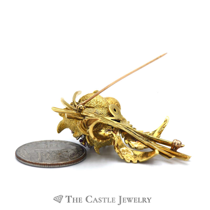 Diamond & Ruby Flower and Leaves Brooch in 18k Yellow Gold