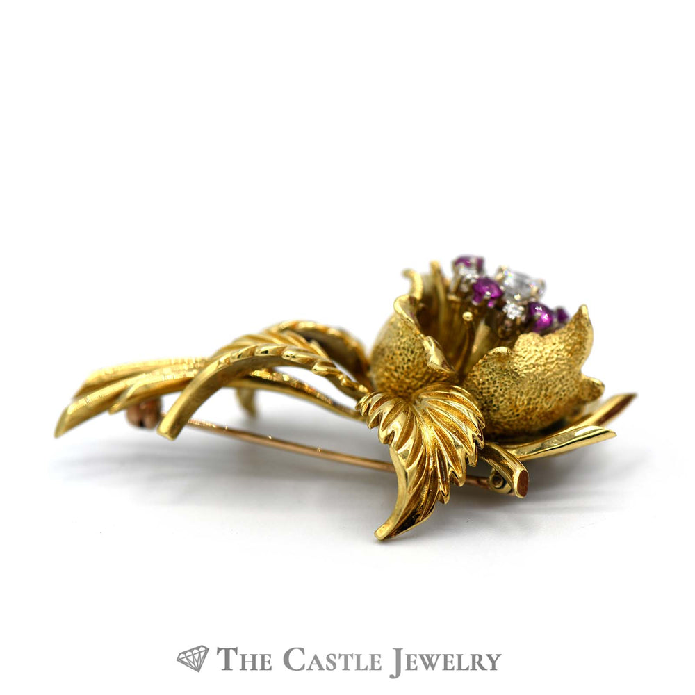 Diamond & Ruby Flower and Leaves Brooch in 18k Yellow Gold