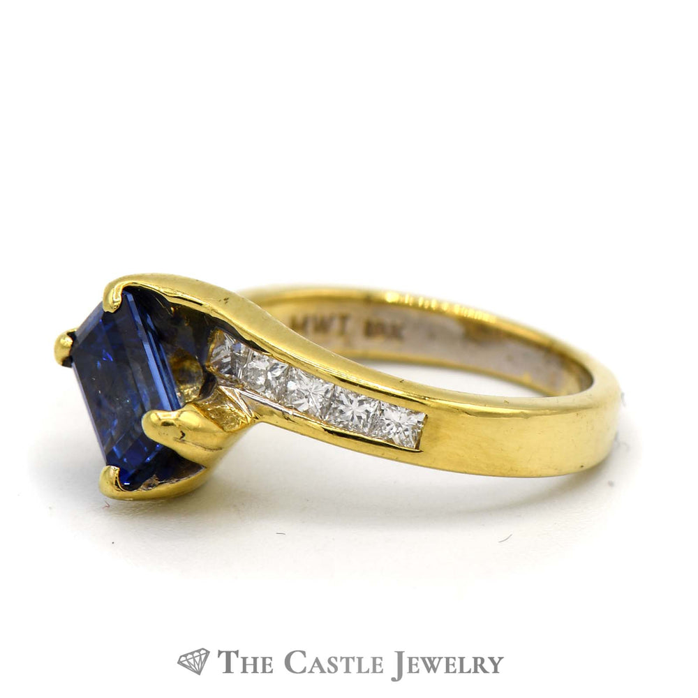 Emerald Cut Tanzanite Ring with Diamond Band in 18K Yellow Gold