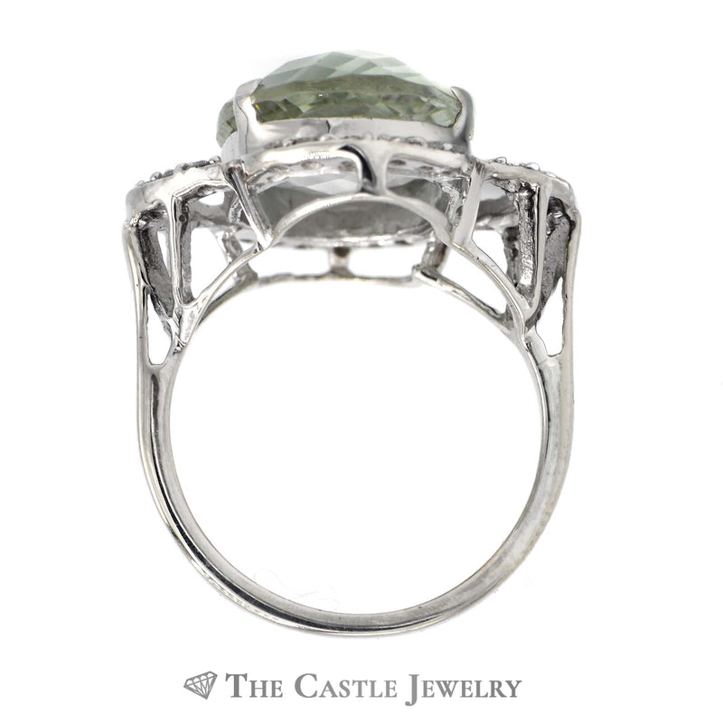 Oval Fantasy Cut Green Quartz Ring with Curved Flower Design Diamond Bezel in 14k White Gold
