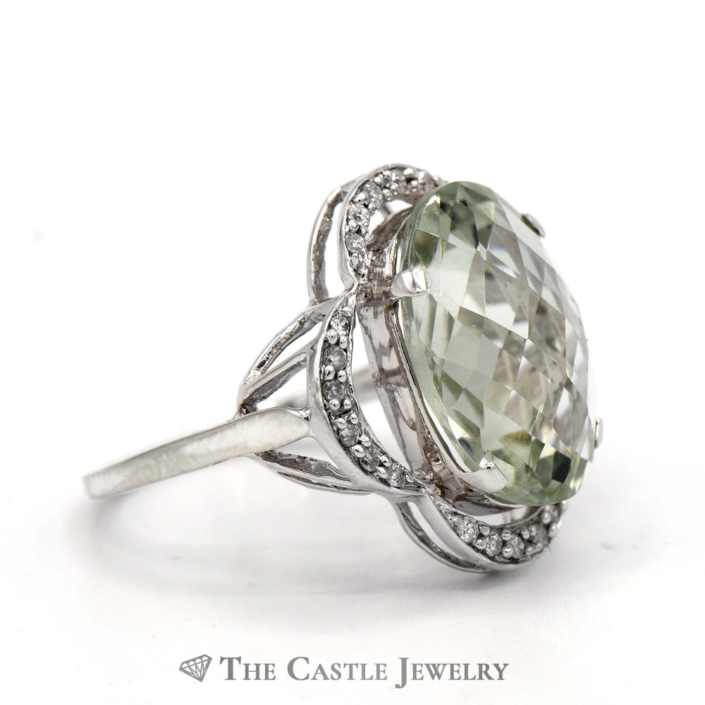 Oval Fantasy Cut Green Quartz Ring with Curved Flower Design Diamond Bezel in 14k White Gold