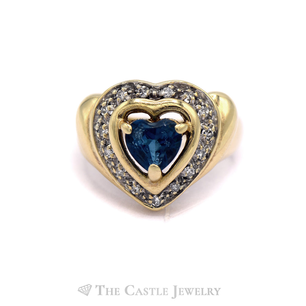 Heart Shaped Blue Topaz Ring with Heart Shaped Diamond Halo in 14KT Yellow Gold