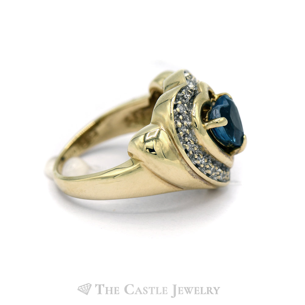 Heart Shaped Blue Topaz Ring with Heart Shaped Diamond Halo in 14KT Yellow Gold