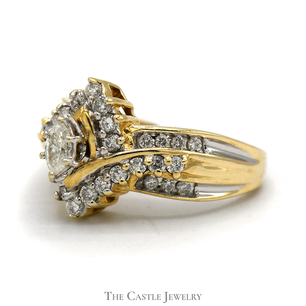 Marquise Cut Diamond Ring with Diamond Halo in 14k Yellow Gold Bypass Mounting