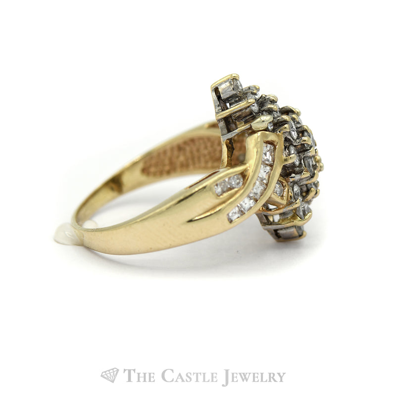 1CTTW Marquise Shaped Round and Princess Cut Diamond Ring in 14KT Yellow Gold