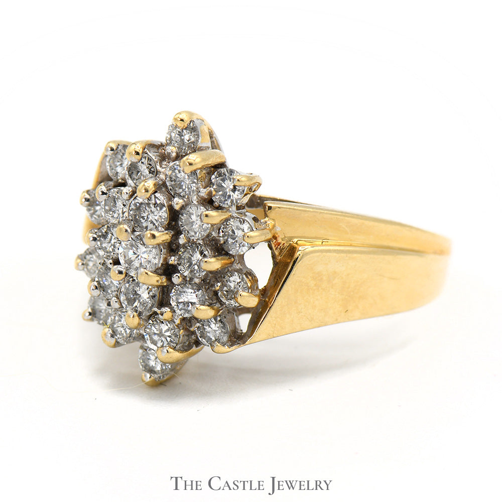 Oval Shaped 1cttw Diamond Cluster Ring with Open Ridged 14k Yellow Gold Setting