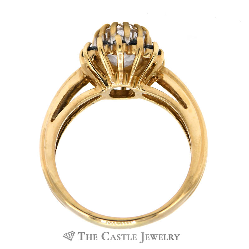 Oval Kunzite Ring with Blue Diamond Halo in 14K Yellow Gold