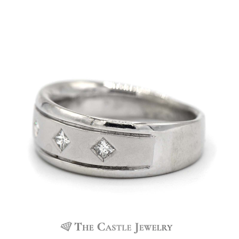 Men's Brushed & Polished 3 Princess Cut Diamond Wedding Band in 14K White Gold