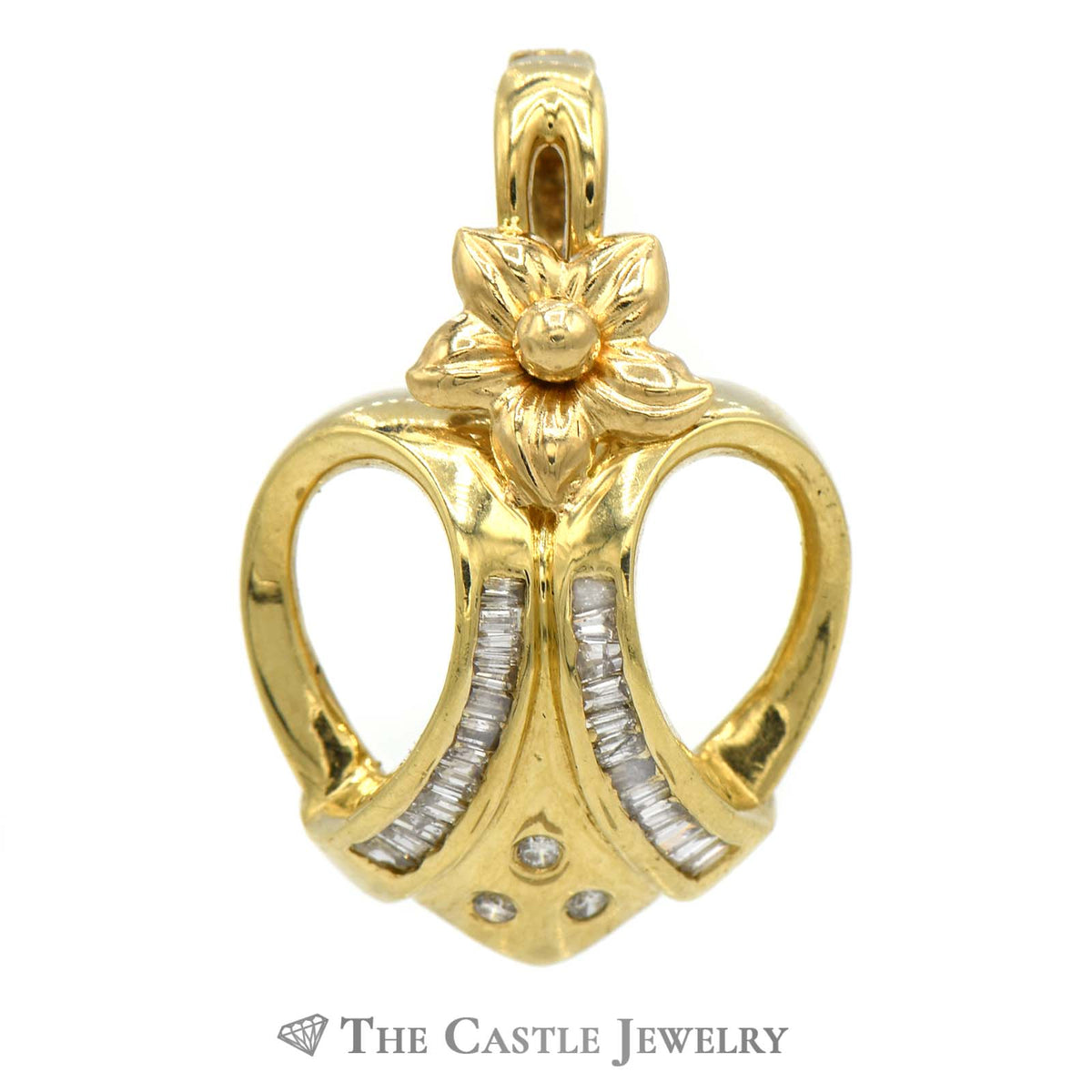 Open Heart Pendant with Flower Design Bail & Diamonds in 14K