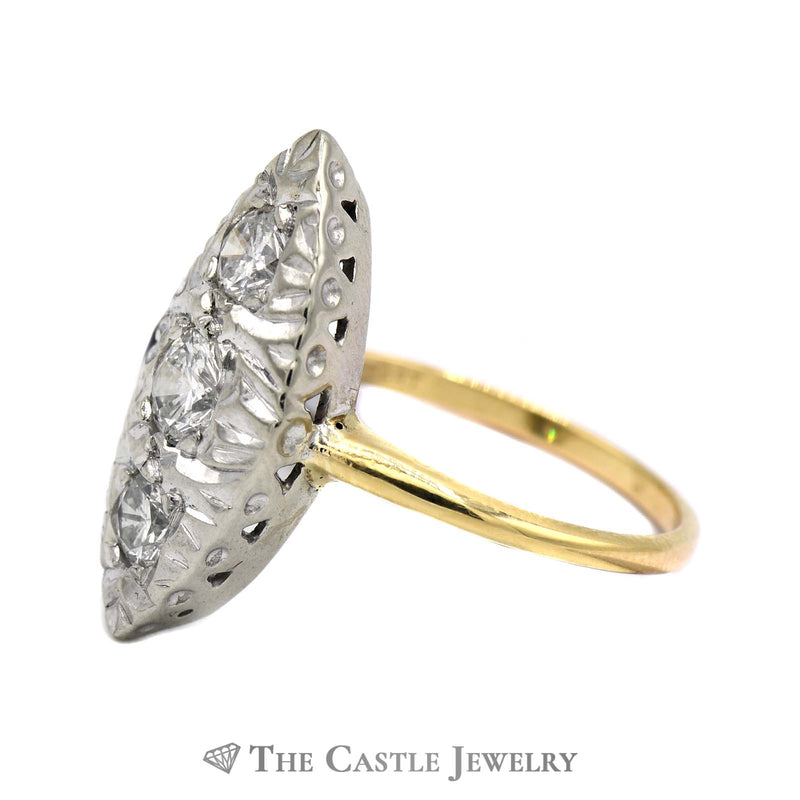 Large Marquise Shaped 1cttw 3 Round Diamond Ring in 14k Yellow Gold