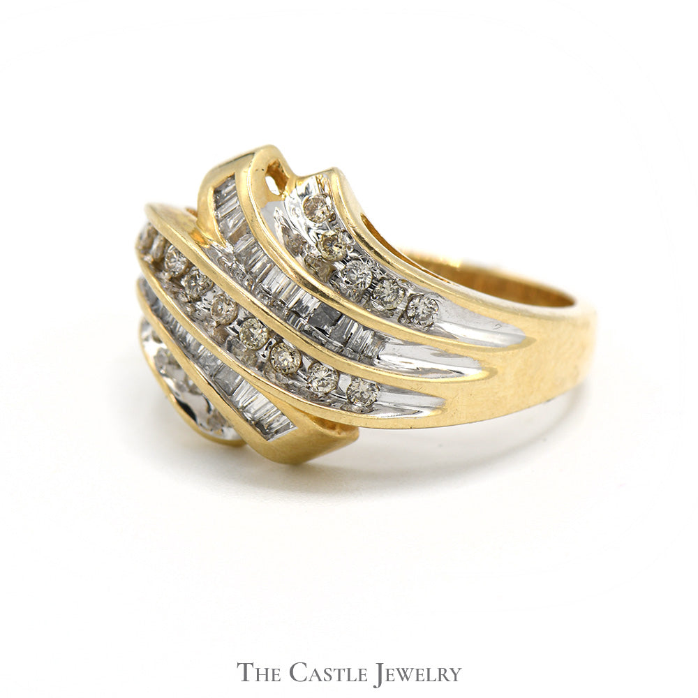 Channel Set Baguette and Round Diamond Cluster Ring in 10k Yellow Gold Swirled Setting