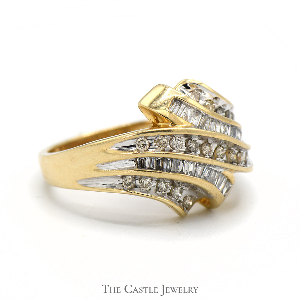 Channel Set Baguette and Round Diamond Cluster Ring in 10k Yellow Gold Swirled Setting