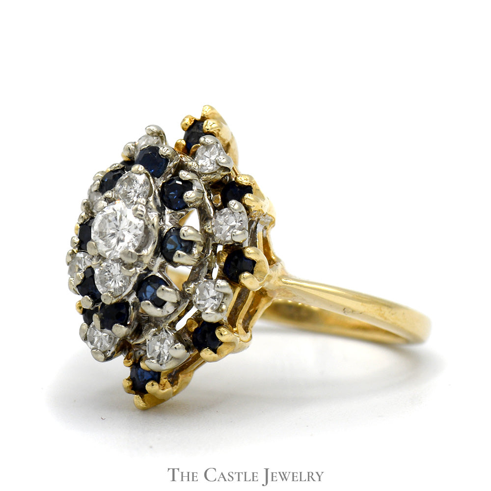 Marquise Shaped Sapphire & Diamond Cluster Ring in 14k Yellow Gold